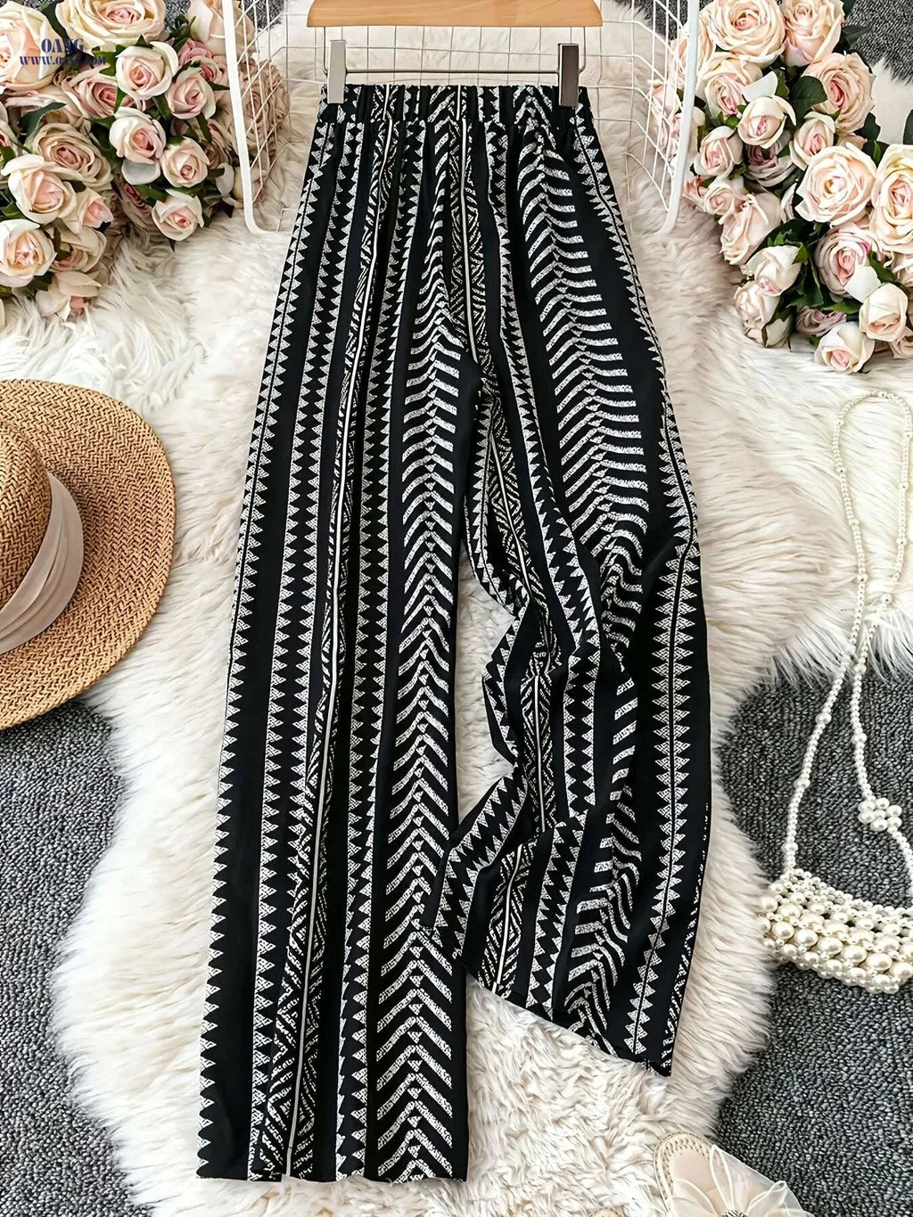 Women's Casual Black Wide Leg Trousers - Geometric Pattern, All-Season   OAXG Black / S