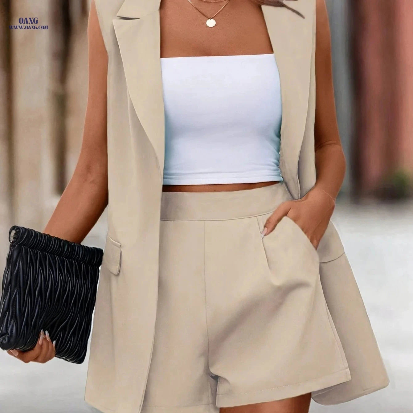 Women's Casual Blazer and Shorts Set - Stylish Single-Button Design   OAXG 