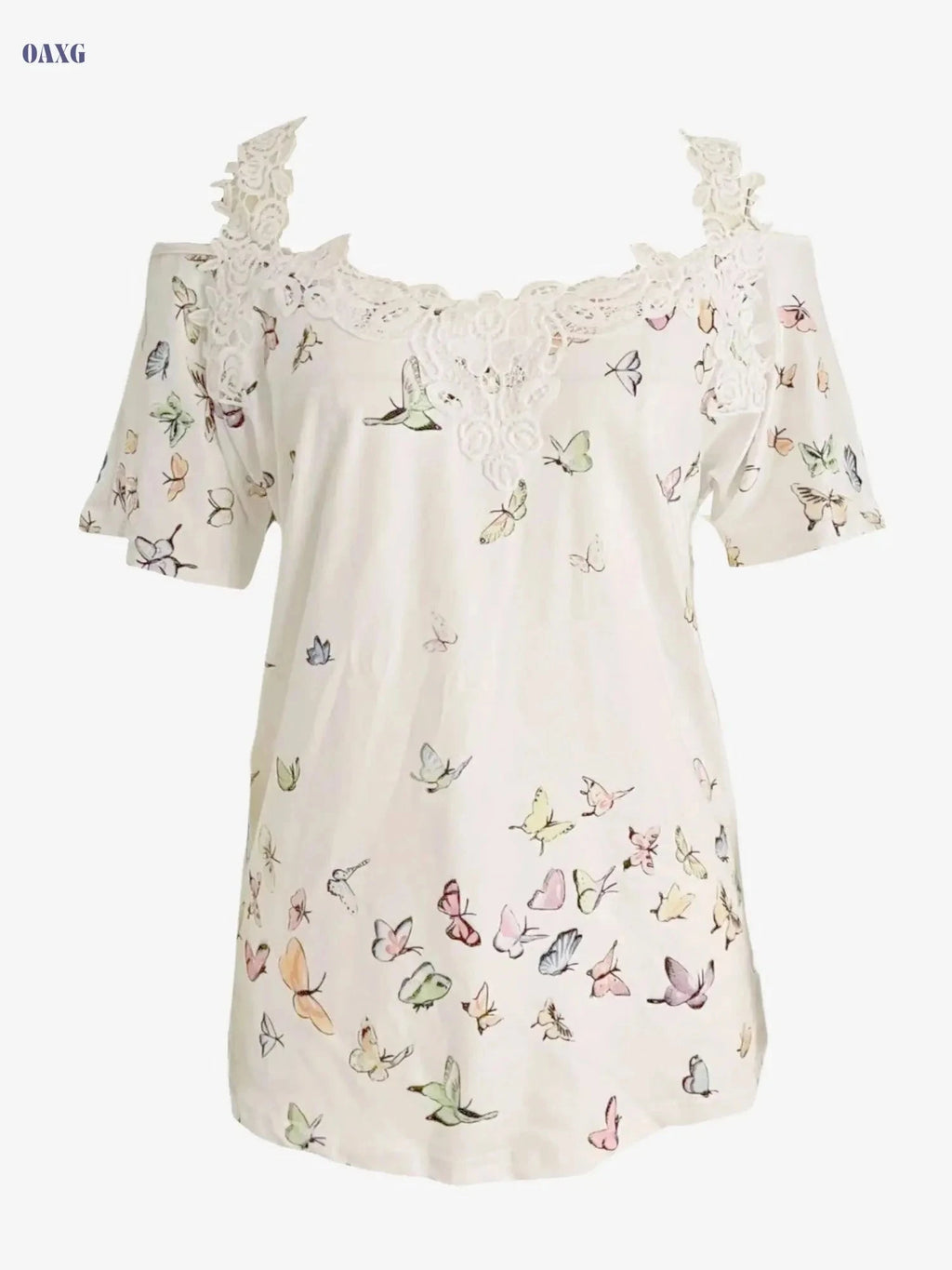 Women's Casual Butterfly Print V Neck T-Shirt - Cold Shoulder Style   OAXG 