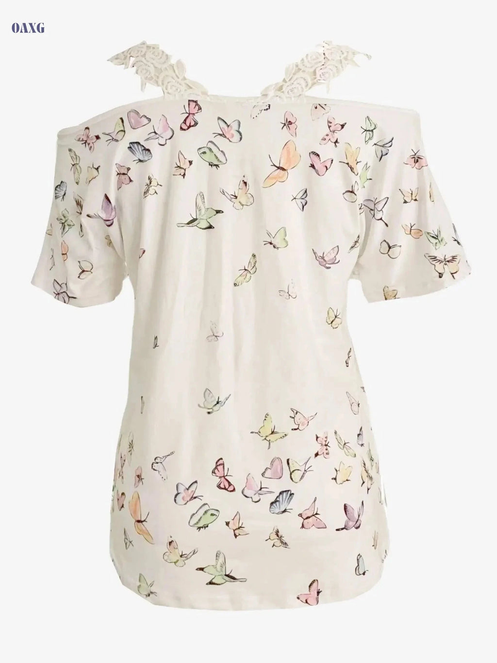 Women's Casual Butterfly Print V Neck T-Shirt - Cold Shoulder Style   OAXG White / S