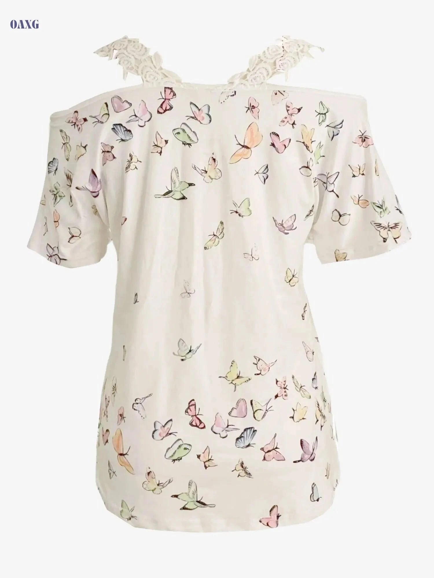 Women's Casual Butterfly Print V Neck T-Shirt - Cold Shoulder Style   OAXG White / S