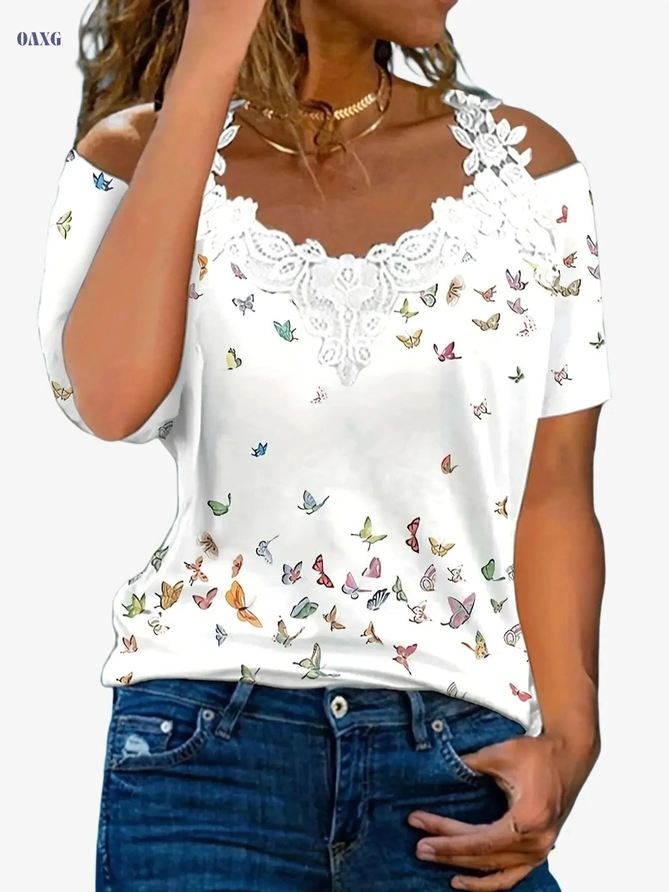 Women's Casual Butterfly Print V Neck T-Shirt - Cold Shoulder Style   OAXG White / S