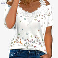 Women's Casual Butterfly Print V Neck T-Shirt - Cold Shoulder Style   OAXG White / S