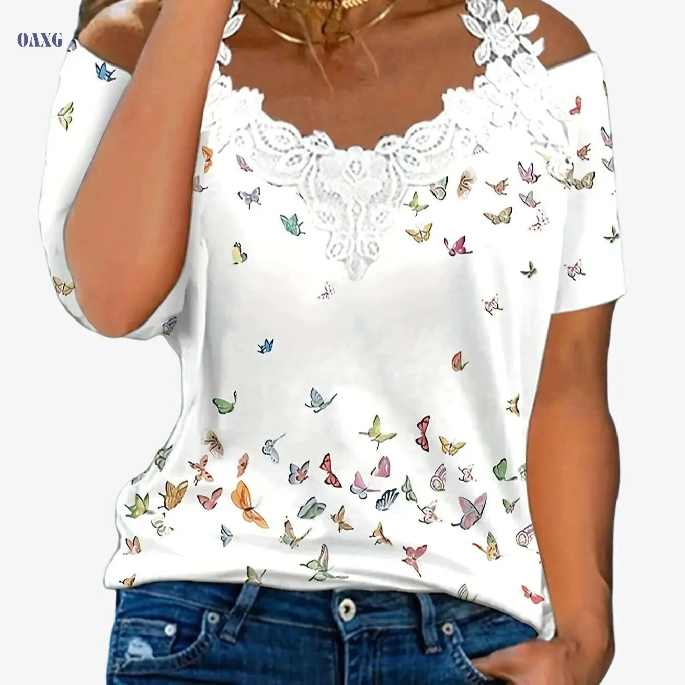 Women's Casual Butterfly Print V Neck T-Shirt - Cold Shoulder Style   OAXG White / S