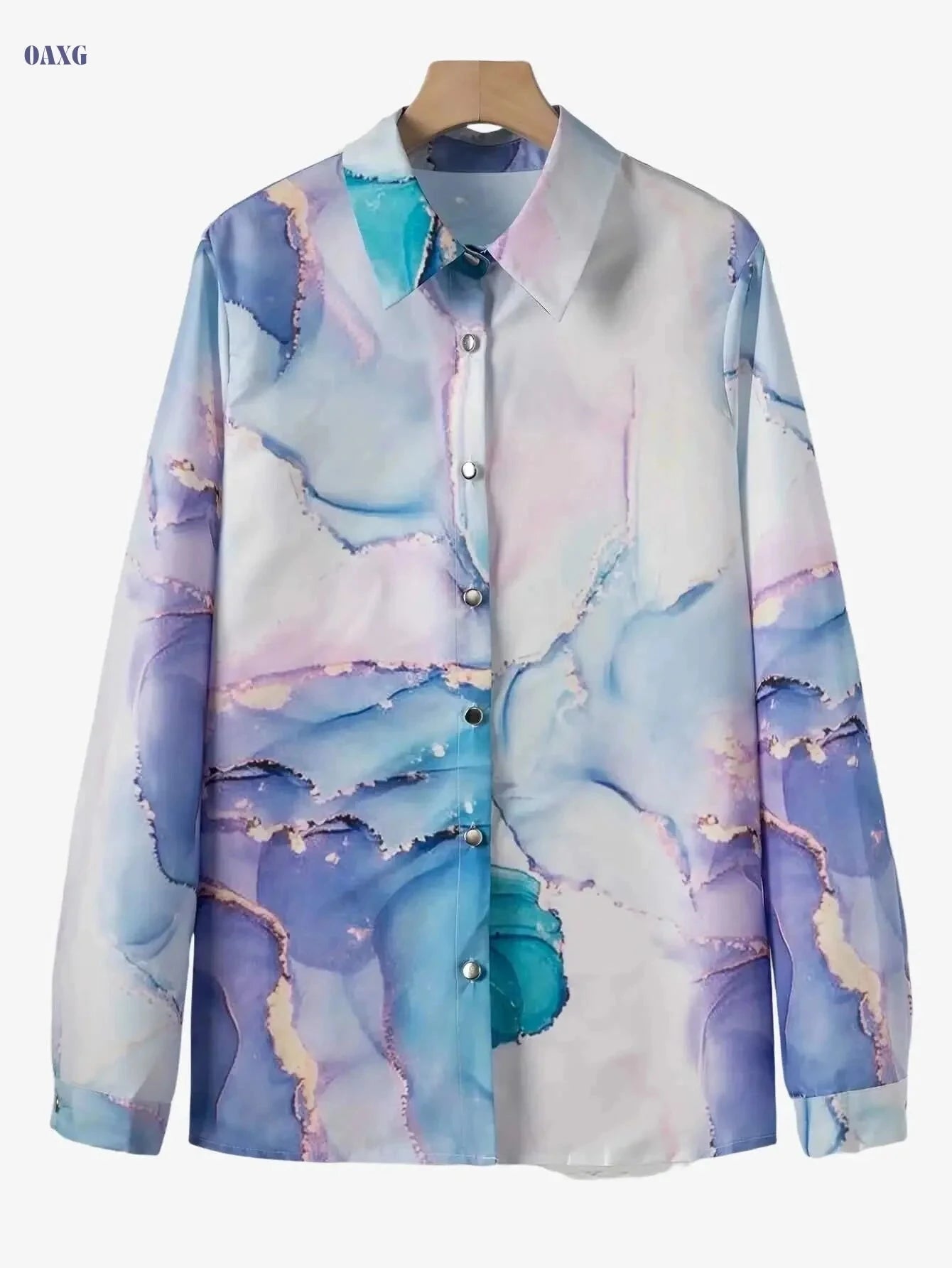 Women's Casual Button-Up Shirt - Abstract Print, Lightweight for All Seasons   OAXG Sky Blue / S