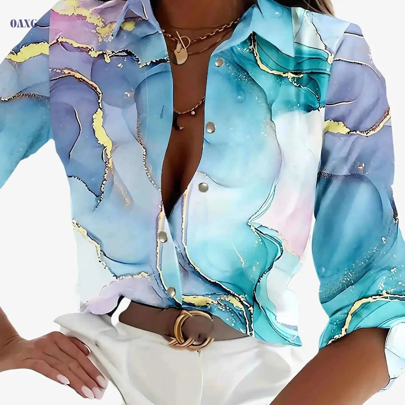 Women's Casual Button-Up Shirt - Abstract Print, Lightweight for All Seasons   OAXG Sky Blue / S