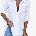 Women's Casual Button-Up Top - Solid Color, All-Season Comfort   OAXG White / S