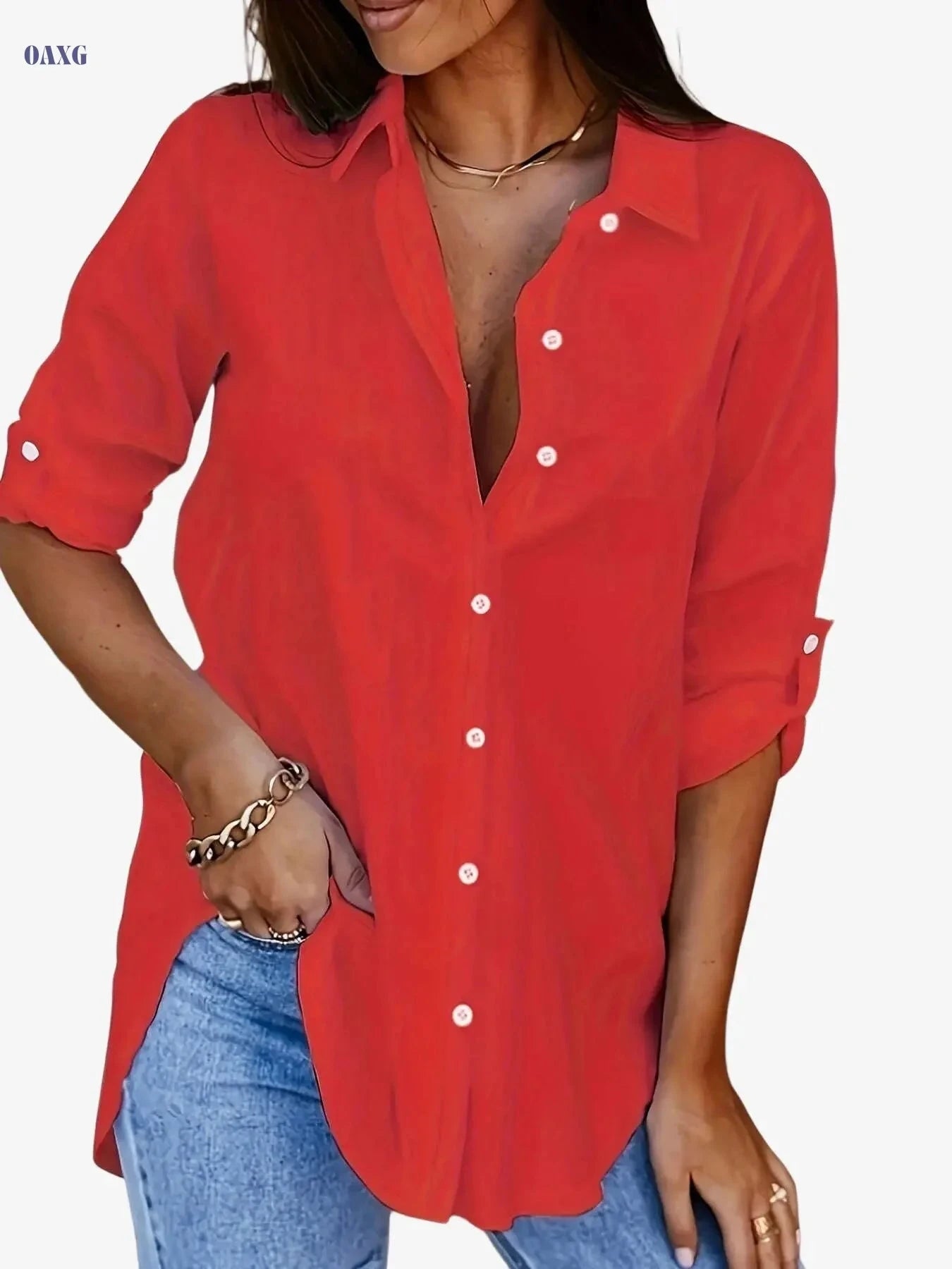 Women's Casual Button-Up Top - Solid Color, All-Season Comfort   OAXG White / S