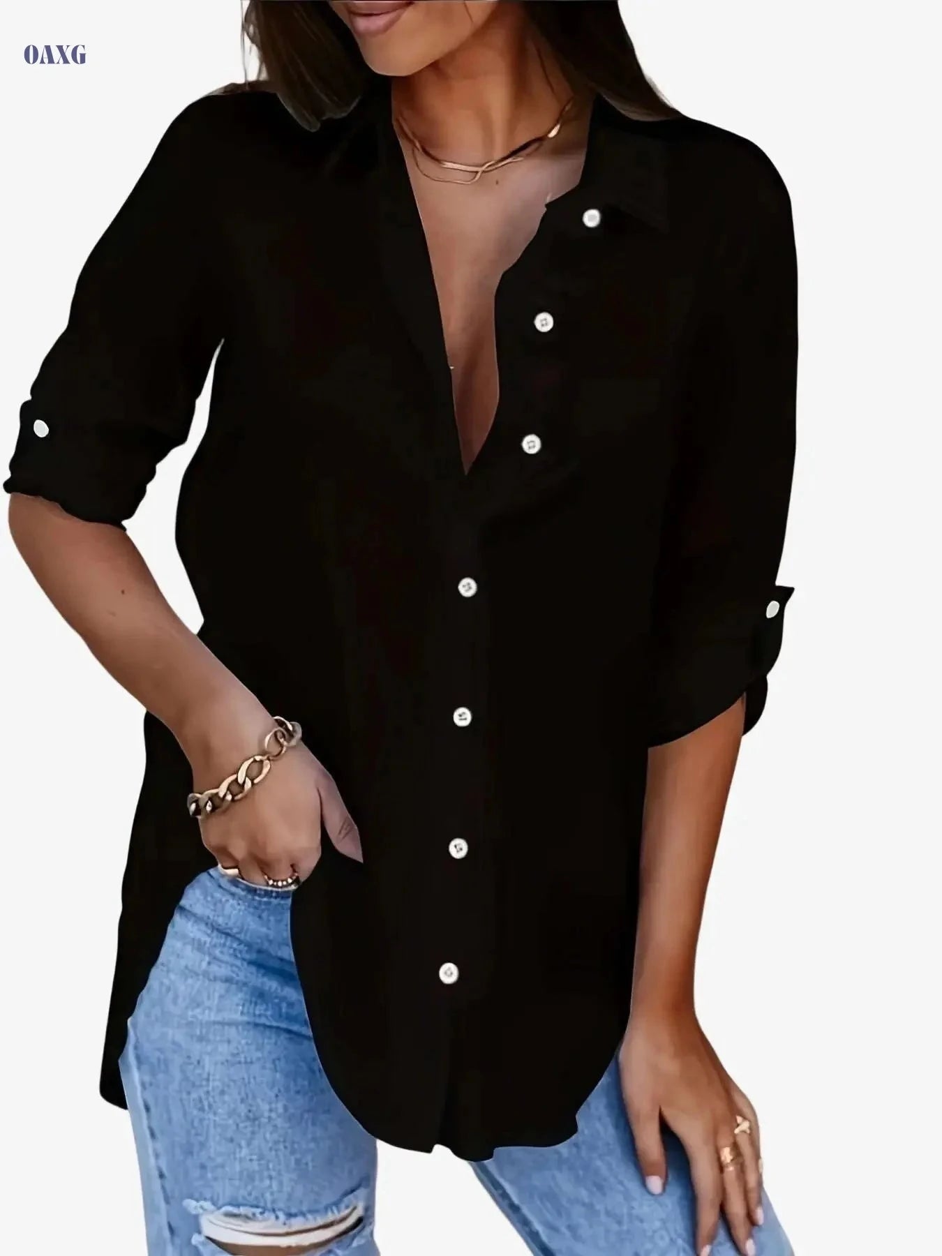 Women's Casual Button-Up Top - Solid Color, All-Season Comfort   OAXG White / S