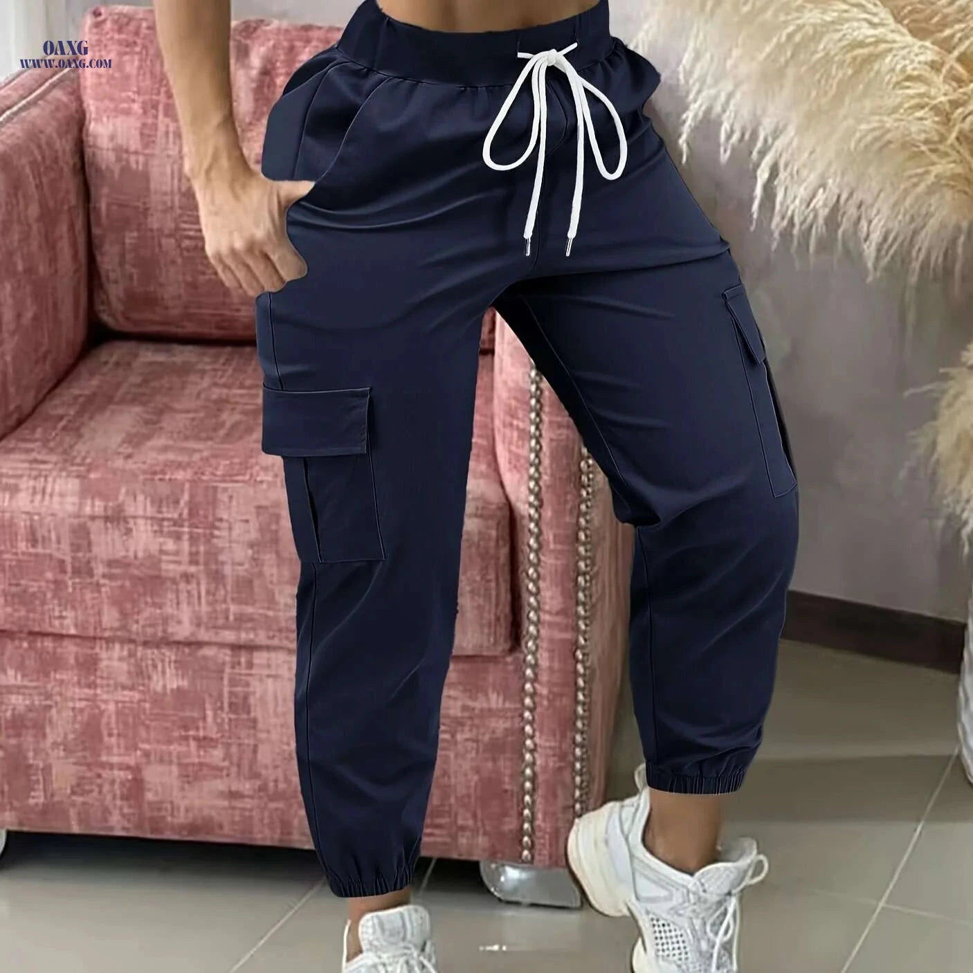 Women's Casual Cargo Pants - Beige, Drawstring Waist, Functional Pockets   OAXG Black / S