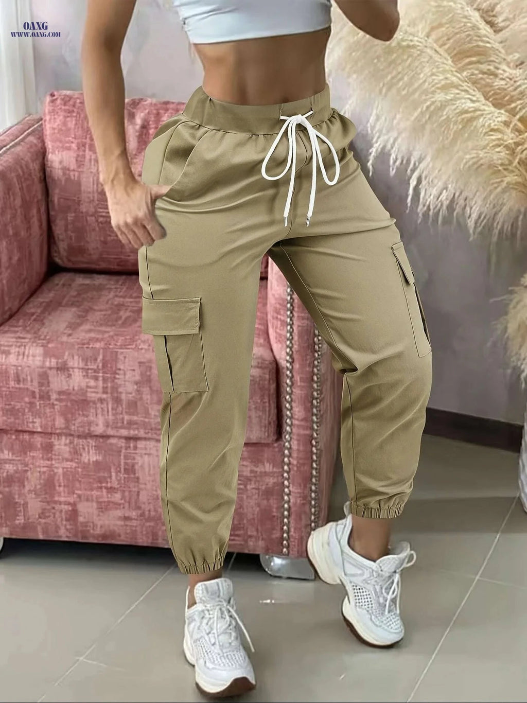 Women's Casual Cargo Pants - Beige, Drawstring Waist, Functional Pockets   OAXG Black / S