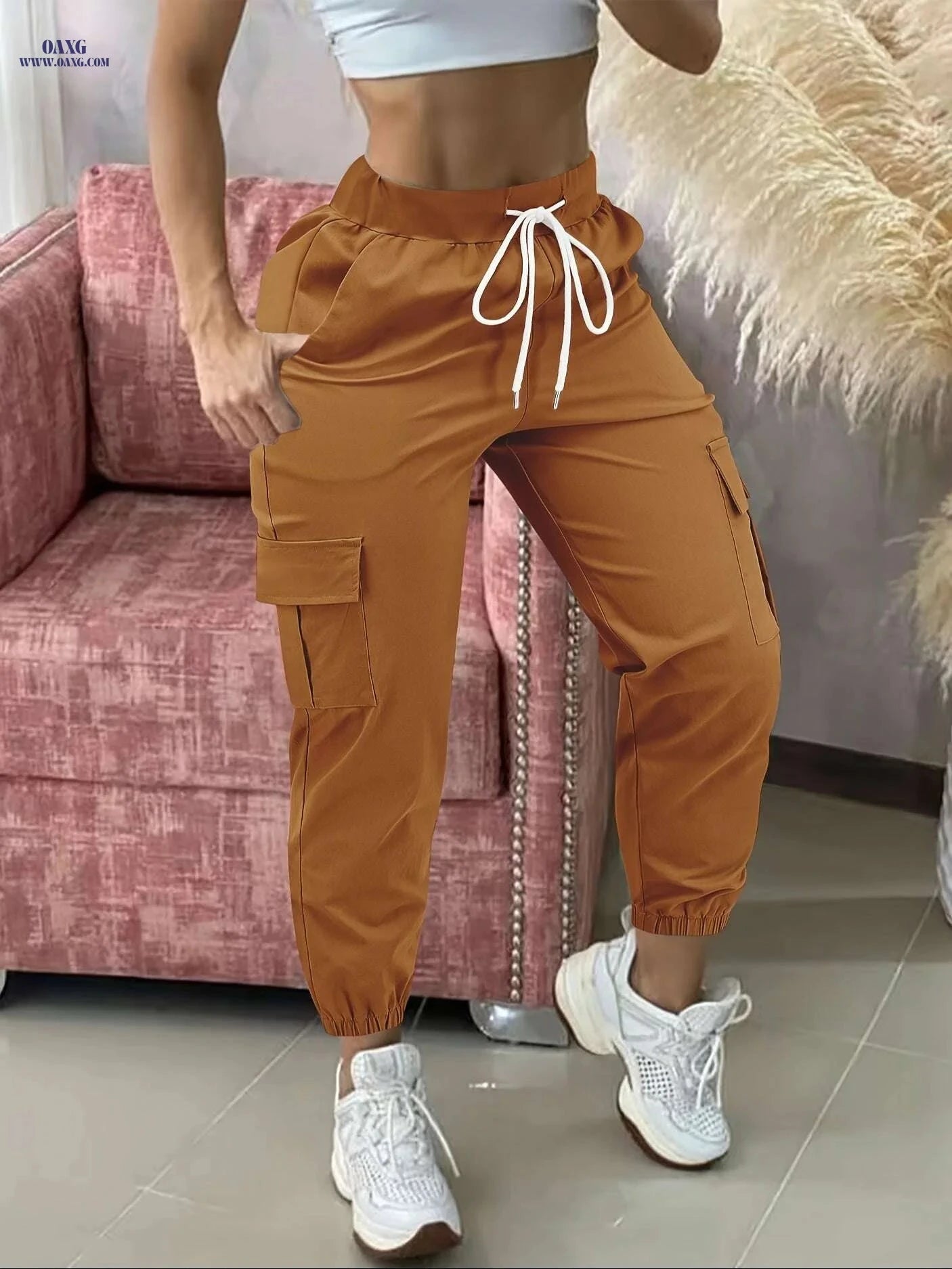 Women's Casual Cargo Pants - Beige, Drawstring Waist, Functional Pockets   OAXG Black / S