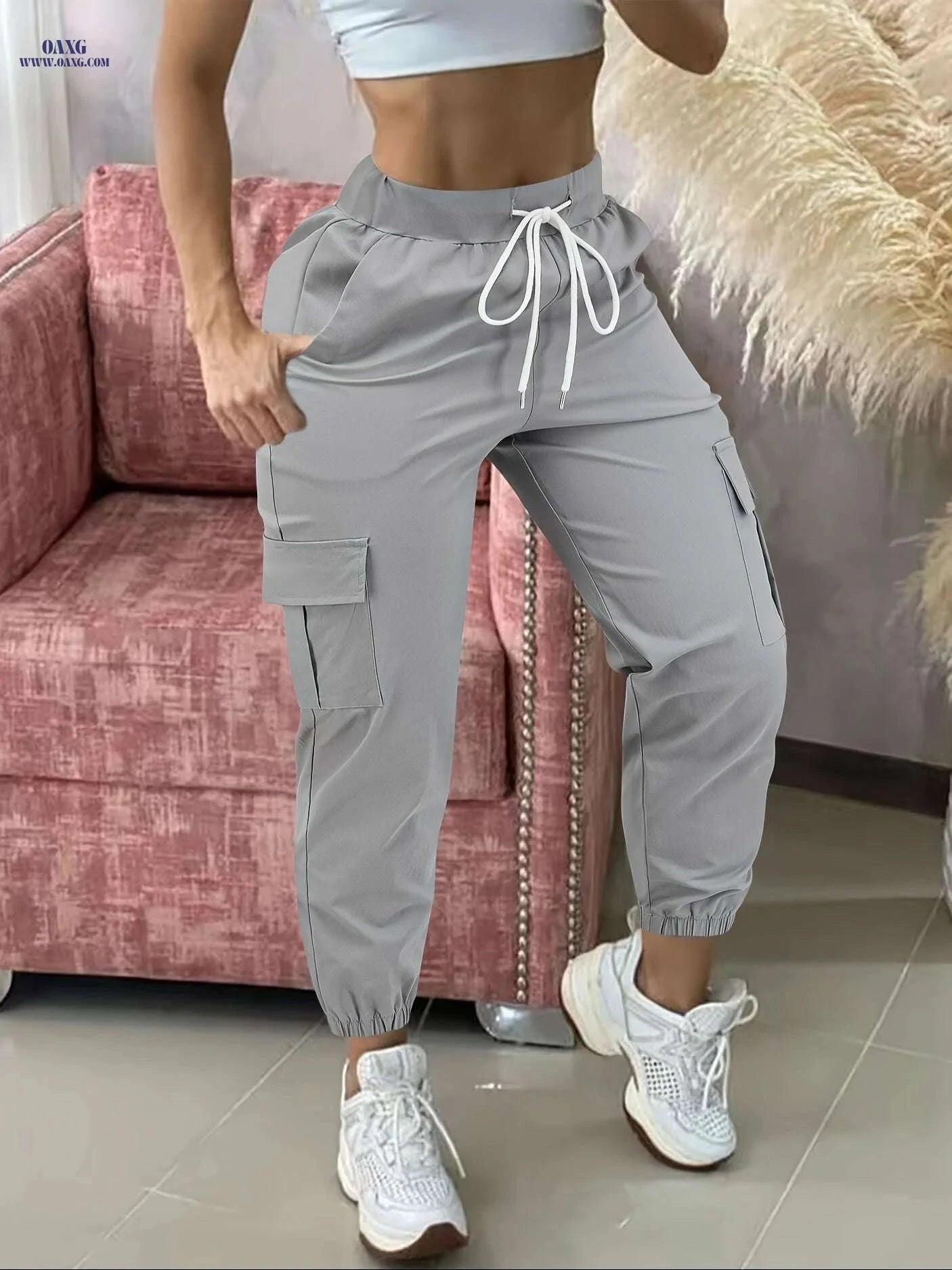 Women's Casual Cargo Pants - Beige, Drawstring Waist, Functional Pockets   OAXG Black / S