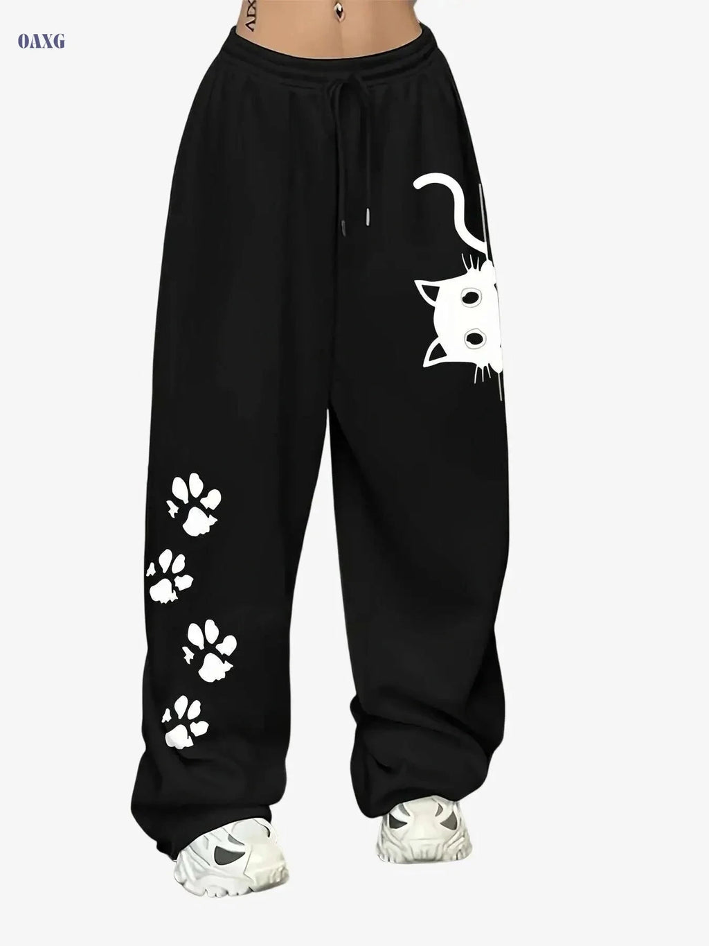 Women's Casual Cat Print Sweatpants - 100% Polyester, Slight Stretch   OAXG Black / XS