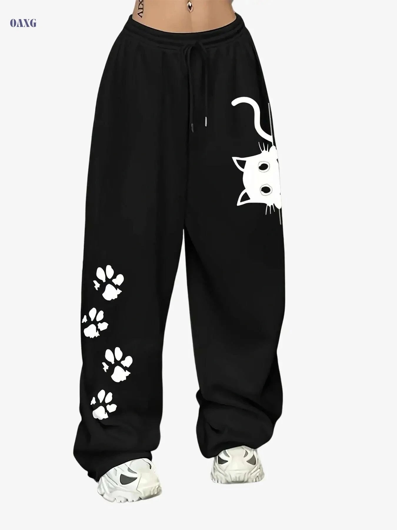 Women's Casual Cat Print Sweatpants - 100% Polyester, Slight Stretch   OAXG Black / XS
