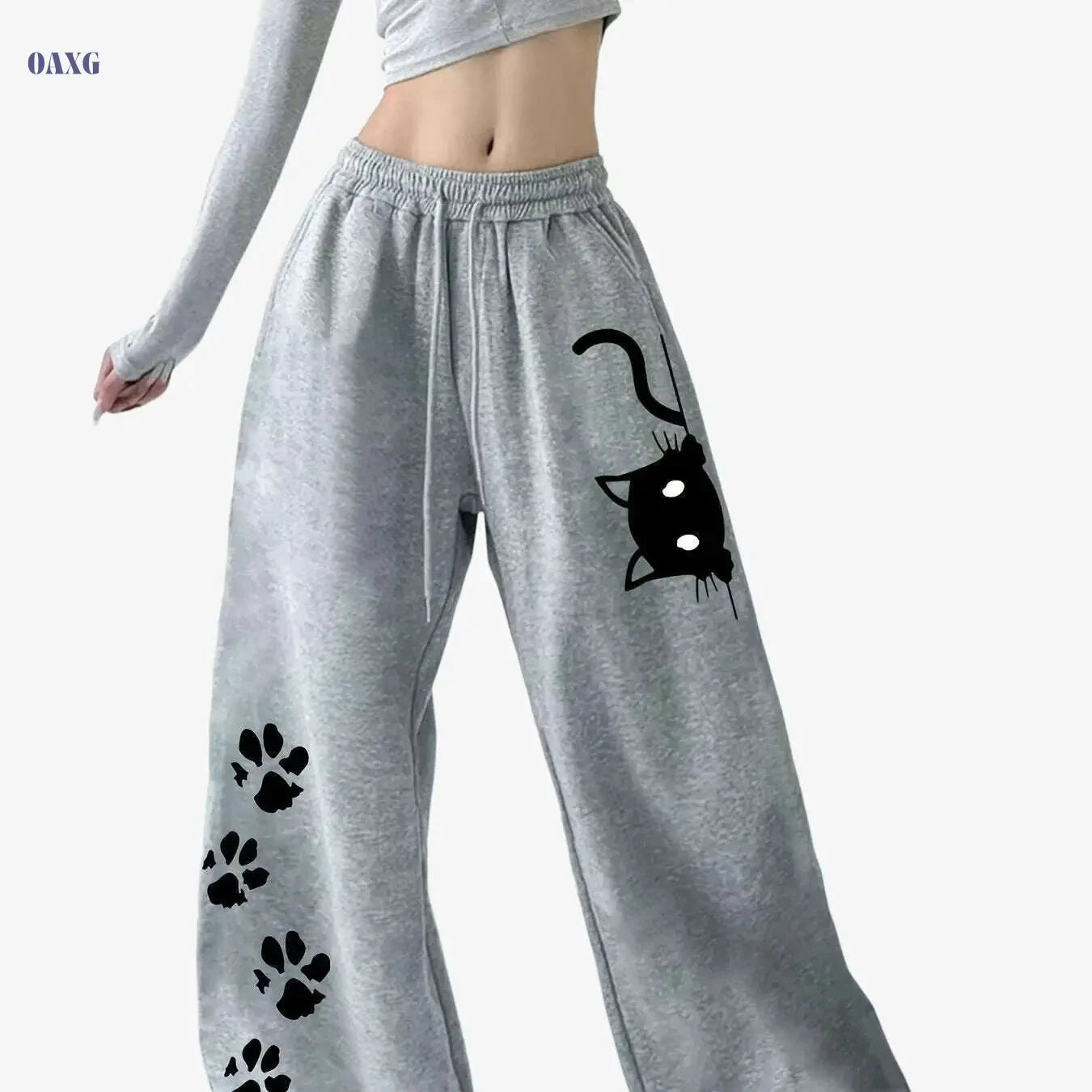 Women's Casual Cat Print Sweatpants - 100% Polyester, Slight Stretch   OAXG Black / XS