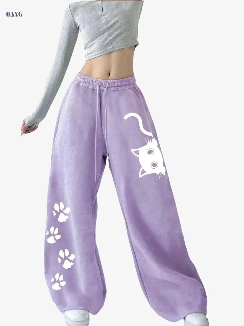 Women's Casual Cat Print Sweatpants - 100% Polyester, Slight Stretch   OAXG Black / XS