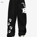 Women's Casual Cat Print Sweatpants - 100% Polyester, Slight Stretch   OAXG 