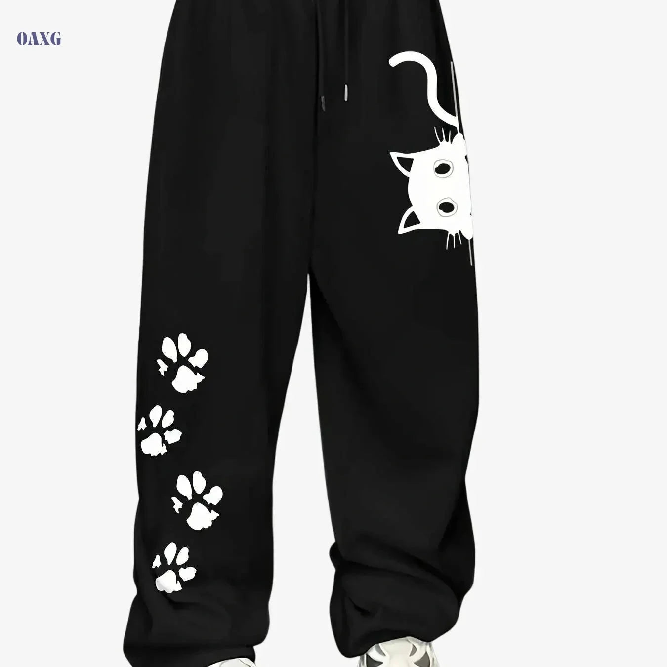 Women's Casual Cat Print Sweatpants - 100% Polyester, Slight Stretch   OAXG 