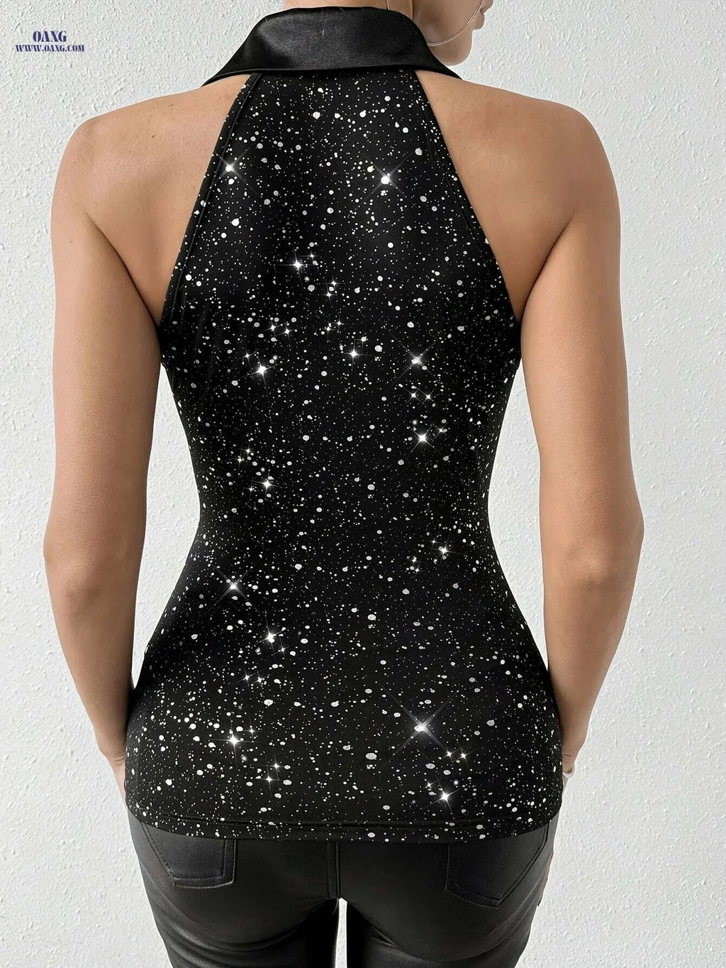 Women's Casual Chic Sleeveless Vest Top - Glitter & Contrast Lapel   OAXG Black / S