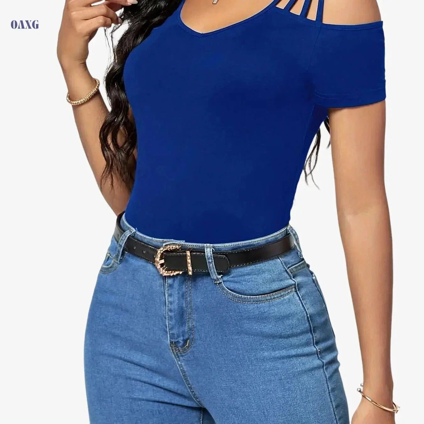 Women's Casual Cold Shoulder T-Shirt - Elegant V-Neck for Spring   OAXG 