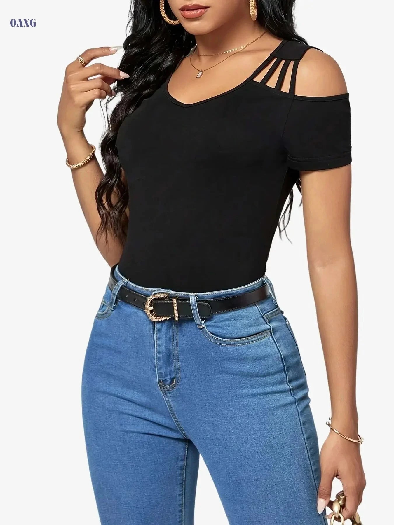 Women's Casual Cold Shoulder T-Shirt - Elegant V-Neck for Spring   OAXG 