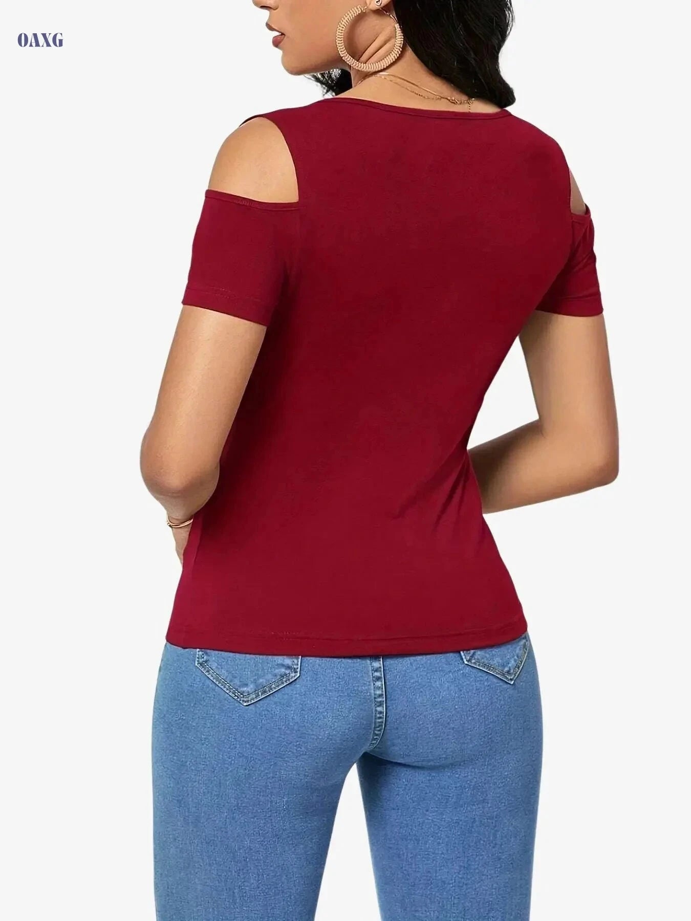 Women's Casual Cold Shoulder T-Shirt - Elegant V-Neck for Spring   OAXG 