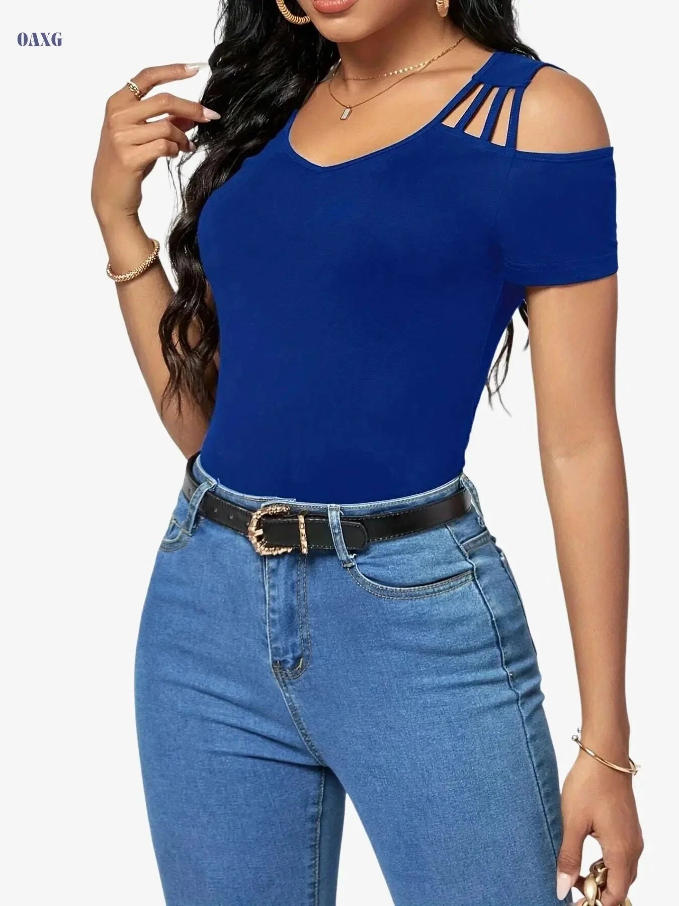 Women's Casual Cold Shoulder T-Shirt - Elegant V-Neck for Spring   OAXG Black / S