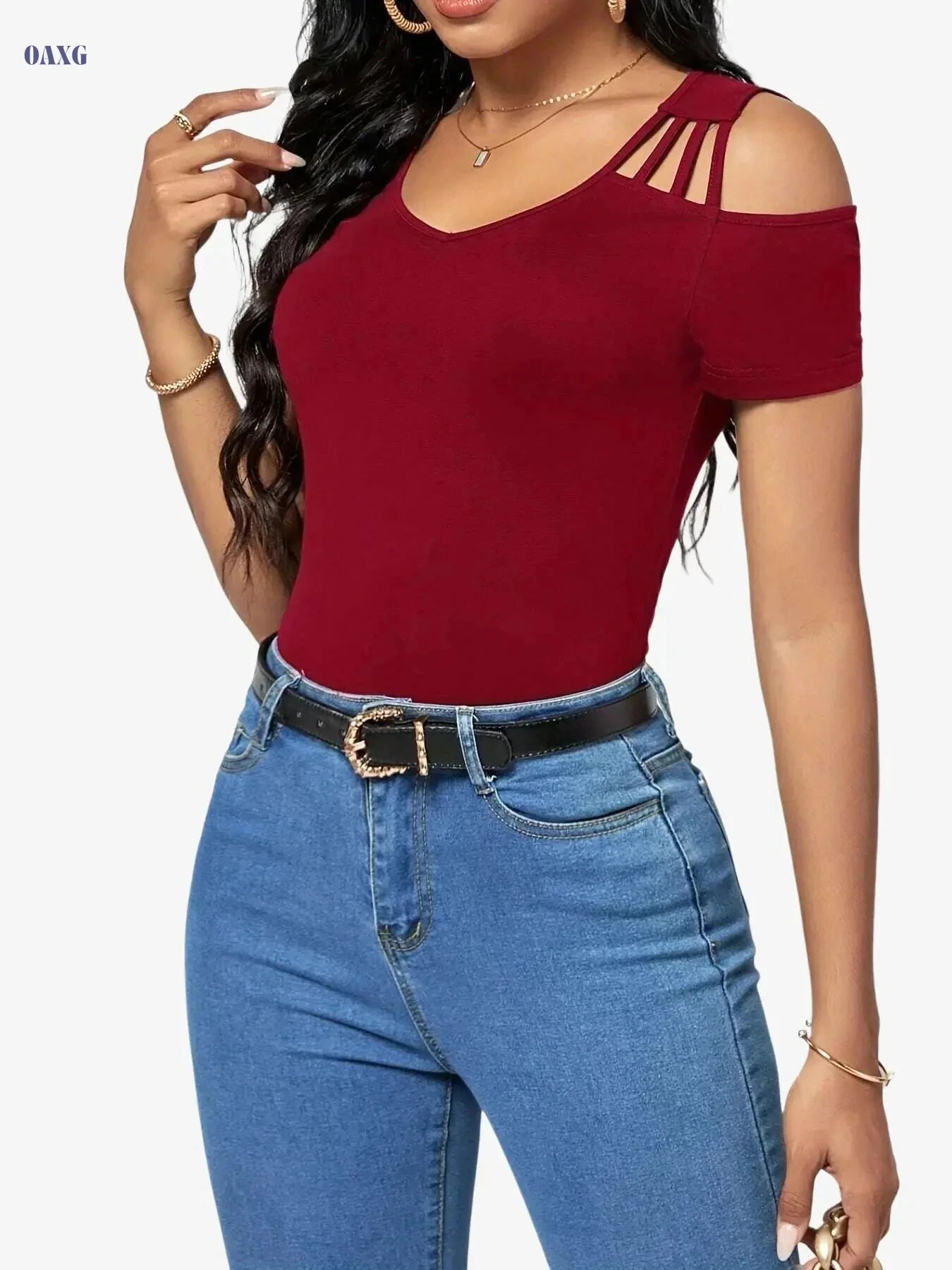Women's Casual Cold Shoulder T-Shirt - Elegant V-Neck for Spring   OAXG Black / S