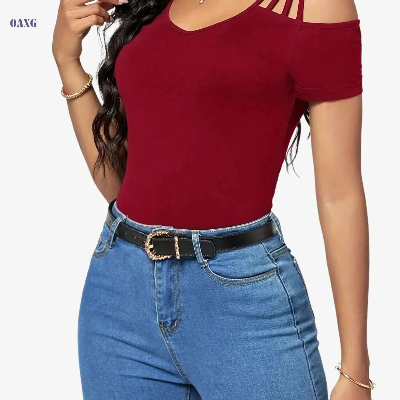Women's Casual Cold Shoulder T-Shirt - Elegant V-Neck for Spring   OAXG Black / S