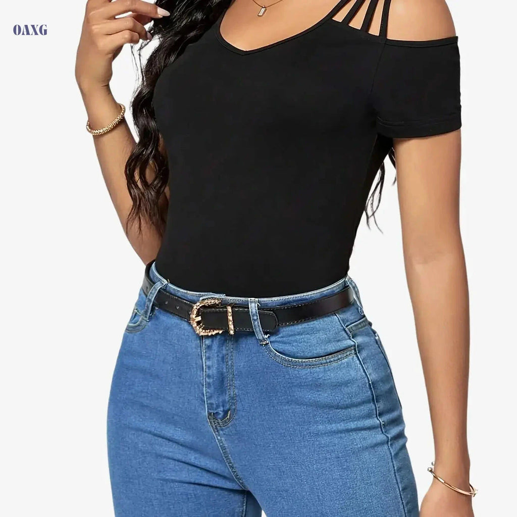 Women's Casual Cold Shoulder T-Shirt - Elegant V-Neck for Spring   OAXG 
