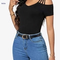Women's Casual Cold Shoulder T-Shirt - Elegant V-Neck for Spring   OAXG 