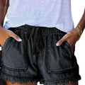 Women's Casual Denim Shorts - Drawstring Waist & Frayed Hem   OAXG 
