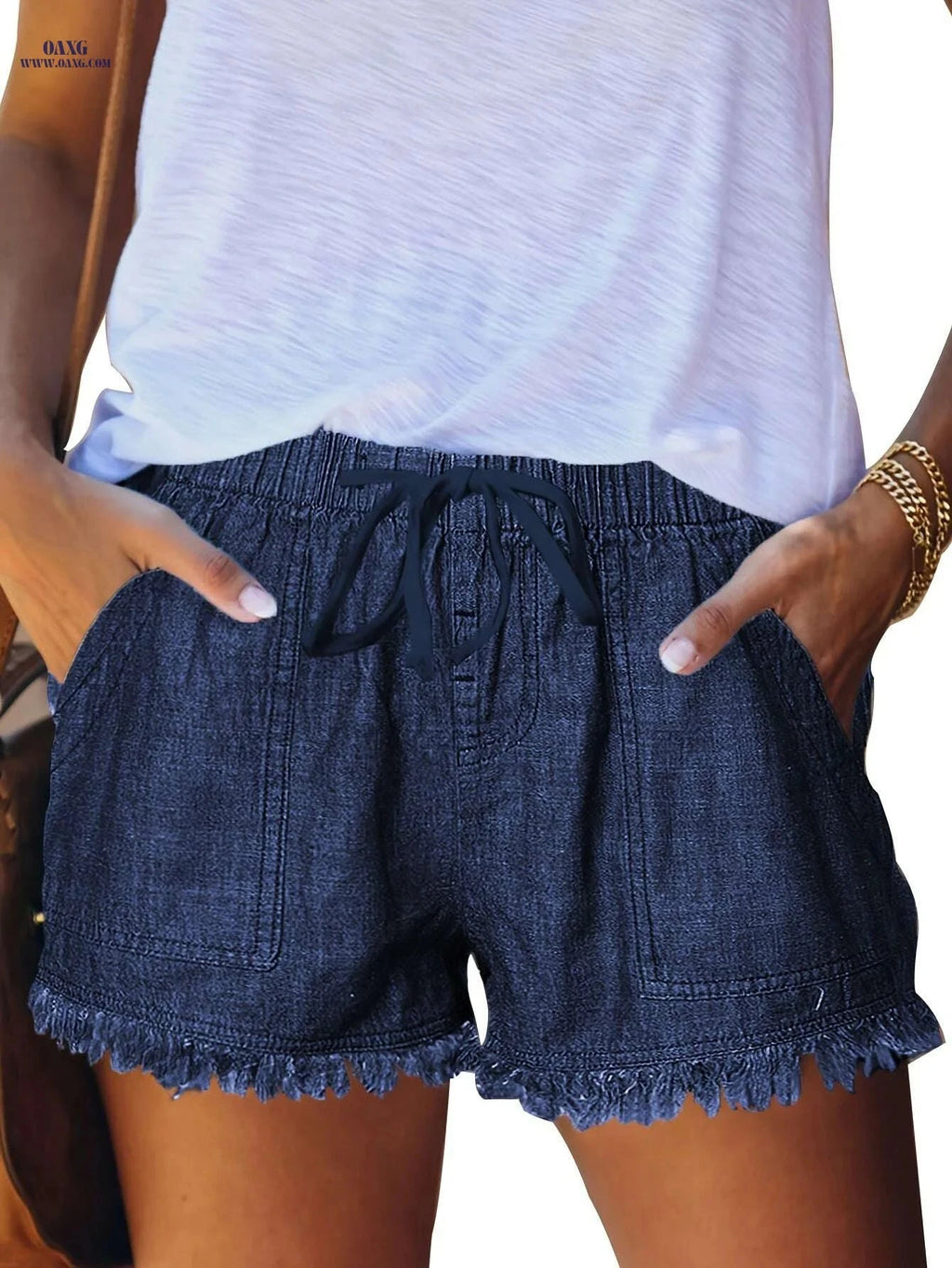 Women's Casual Denim Shorts - Drawstring Waist & Frayed Hem   OAXG 
