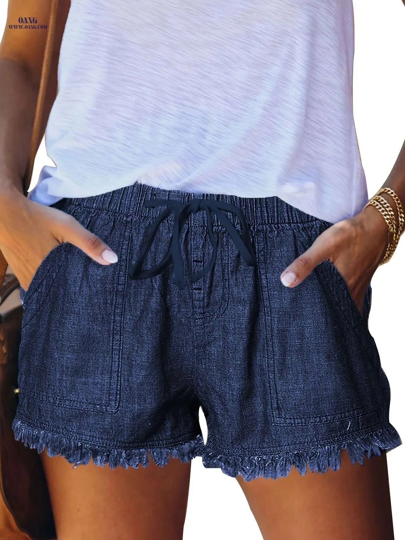 Women's Casual Denim Shorts - Drawstring Waist & Frayed Hem   OAXG 