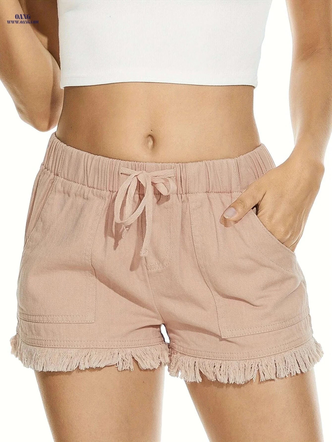 Women's Casual Denim Shorts - Drawstring Waist & Frayed Hem   OAXG 