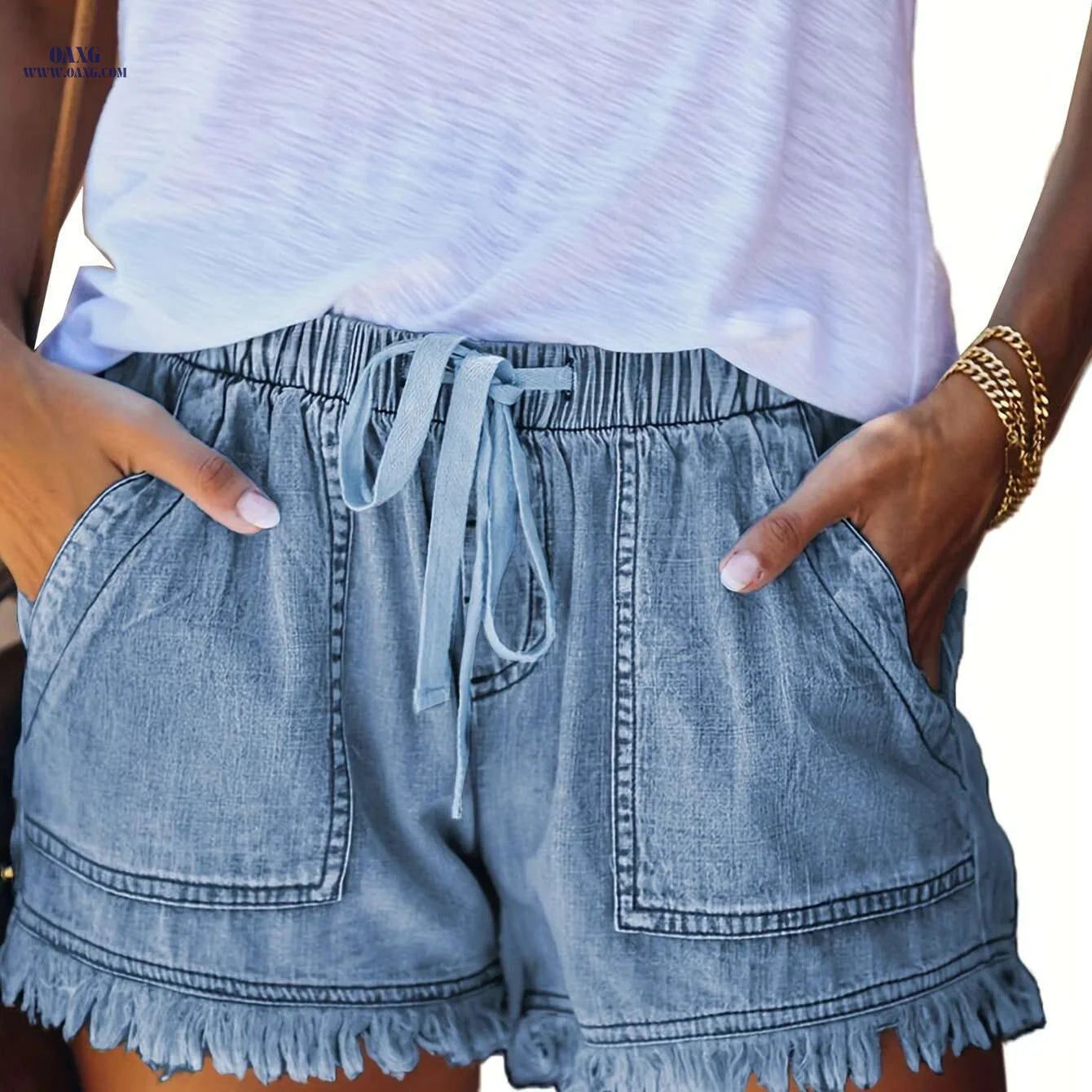 Women's Casual Denim Shorts - Drawstring Waist & Frayed Hem   OAXG 