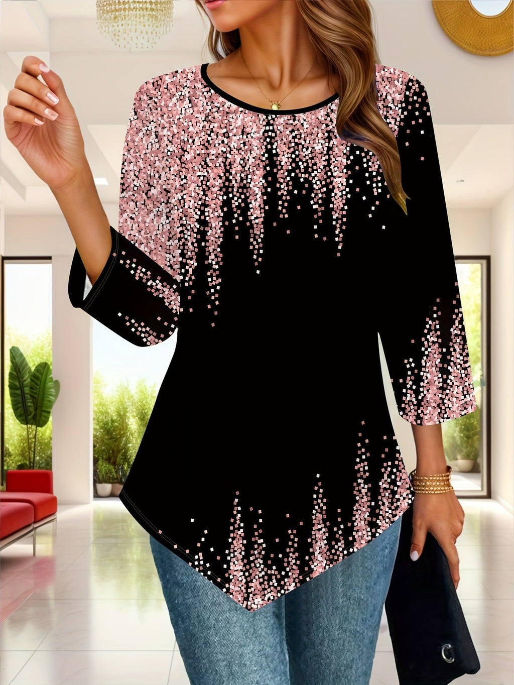 Women's Casual Elegant Geometric Block Pattern Print Asymmetric Hem Three-Quarter Sleeve Crew Neck T-Shirt   OAXG Black / S