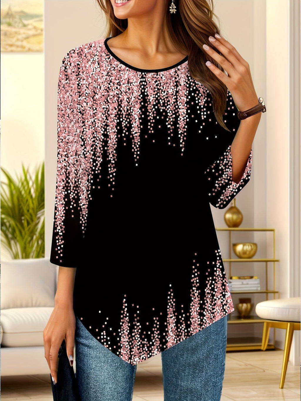 Women's Casual Elegant Geometric Block Pattern Print Asymmetric Hem Three-Quarter Sleeve Crew Neck T-Shirt   OAXG Black / S