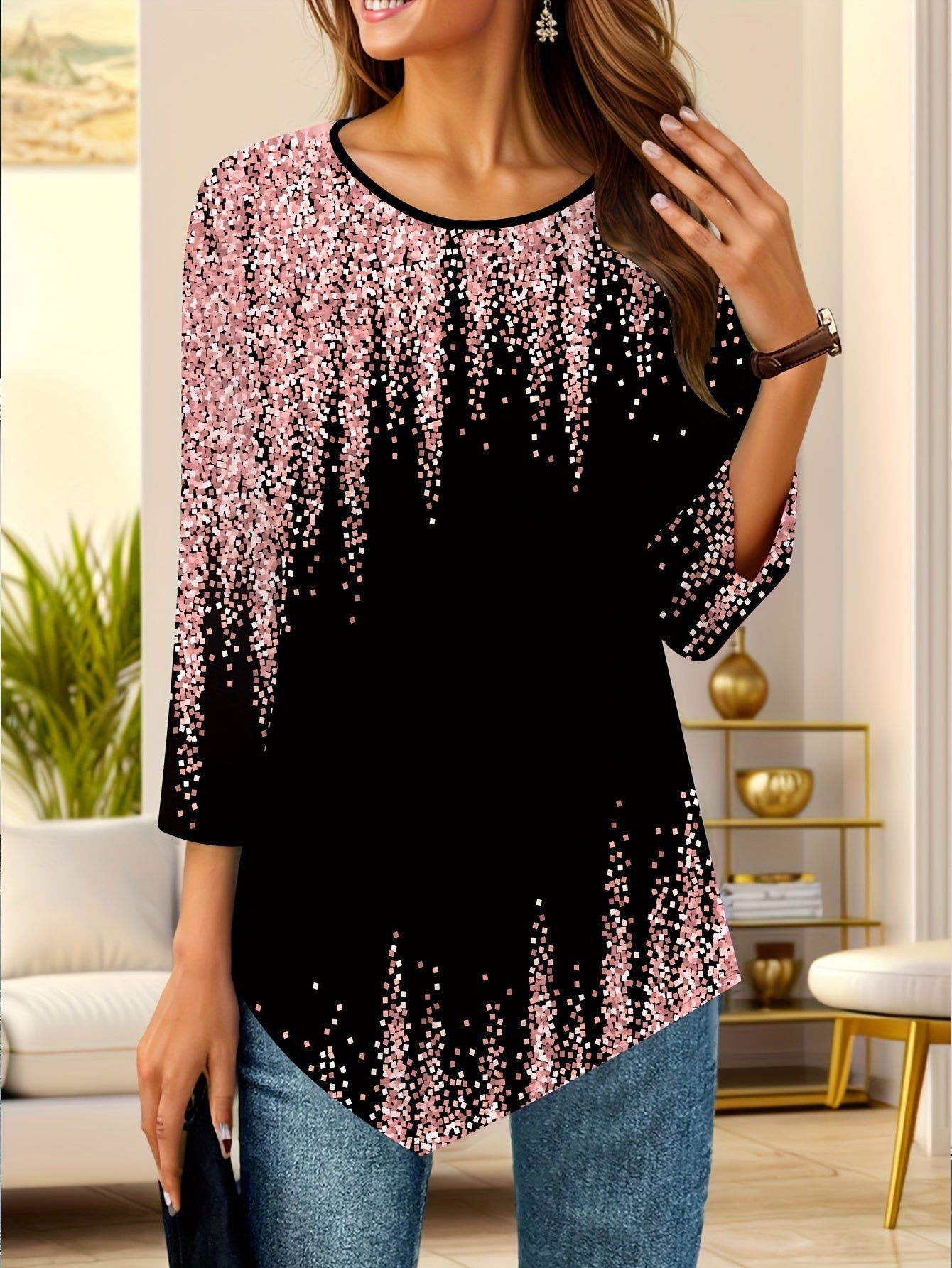 Women's Casual Elegant Geometric Block Pattern Print Asymmetric Hem Three-Quarter Sleeve Crew Neck T-Shirt   OAXG Black / S