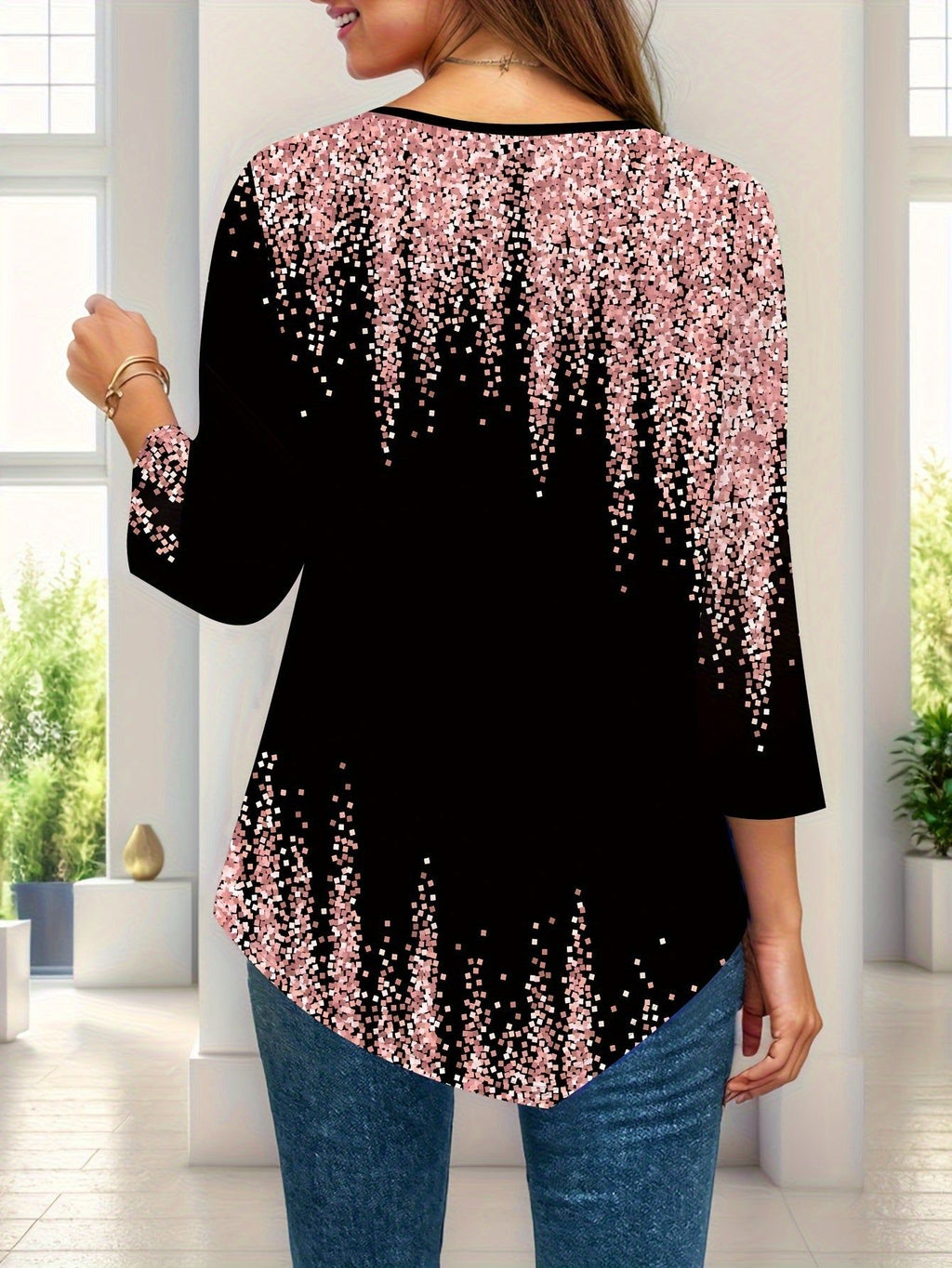 Women's Casual Elegant Geometric Block Pattern Print Asymmetric Hem Three-Quarter Sleeve Crew Neck T-Shirt   OAXG Black / S