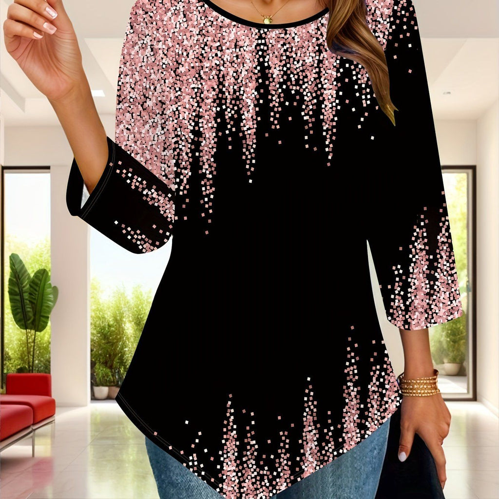 Women's Casual Elegant Geometric Block Pattern Print Asymmetric Hem Three-Quarter Sleeve Crew Neck T-Shirt   OAXG Black / S
