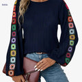 Women's Casual Embroidered T-shirt - Comfortable Spring/Fall Fashion   OAXG Navy Blue / S