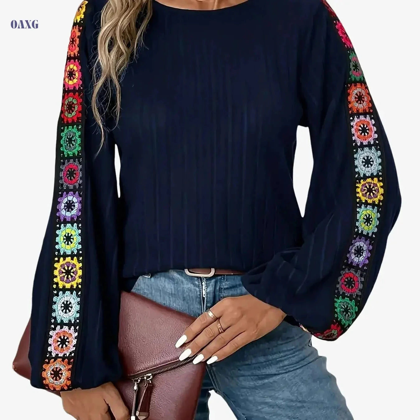 Women's Casual Embroidered T-shirt - Comfortable Spring/Fall Fashion   OAXG Navy Blue / S
