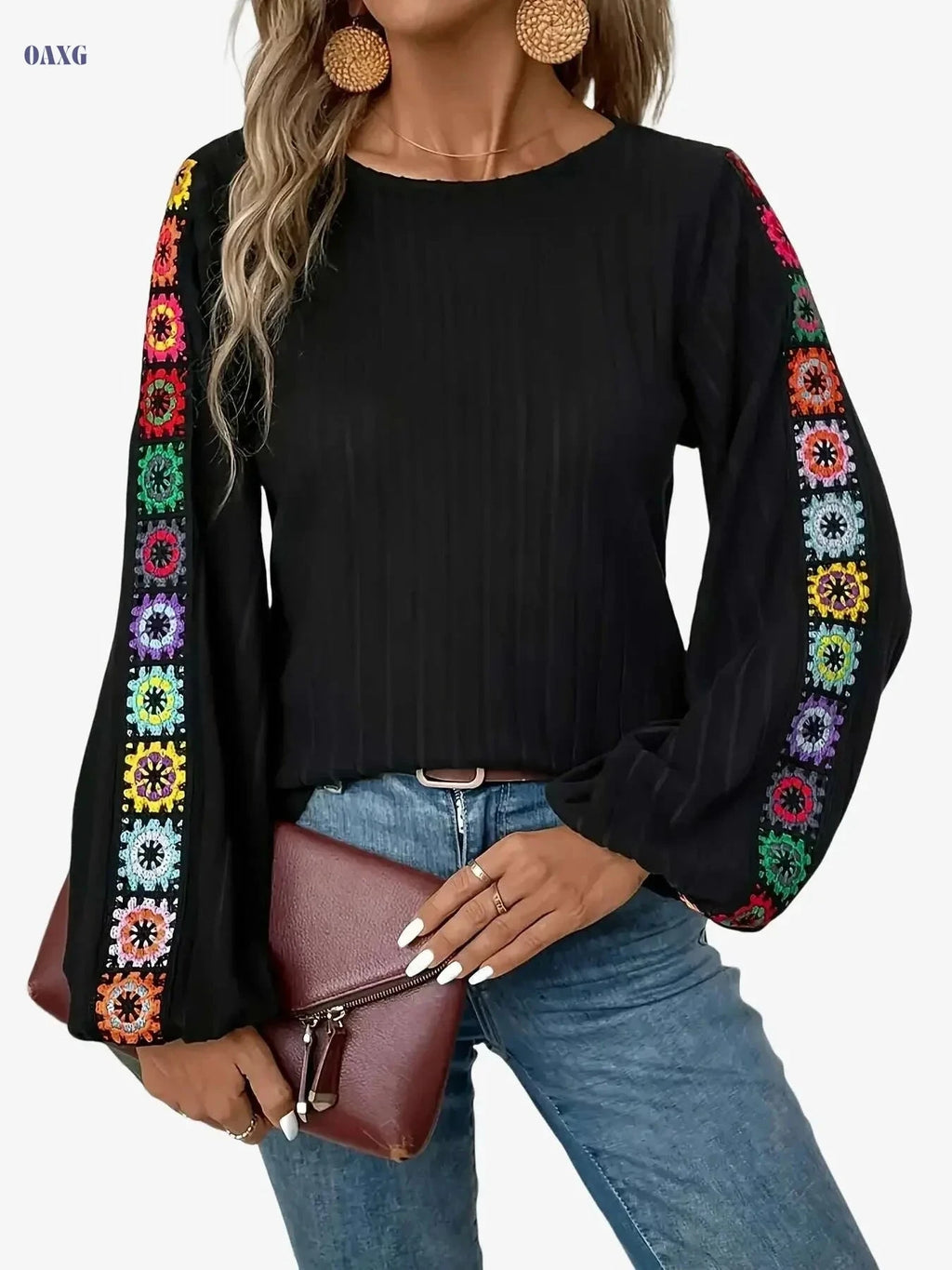Women's Casual Embroidered T-shirt - Comfortable Spring/Fall Fashion   OAXG Navy Blue / S