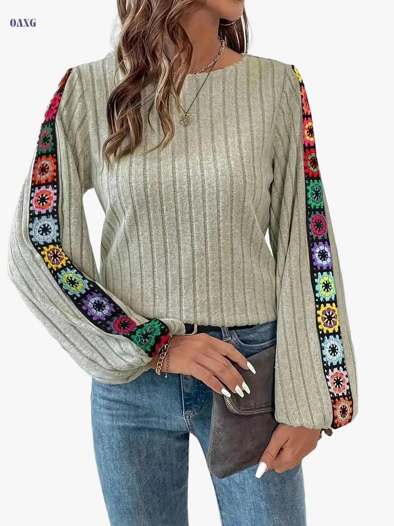 Women's Casual Embroidered T-shirt - Comfortable Spring/Fall Fashion   OAXG Navy Blue / S