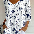 Women's Casual Fashion Holiday Regular Fit Floral All-Over Print Three-Quarter Sleeve V-Neck T-Shirt Top   OAXG White / S