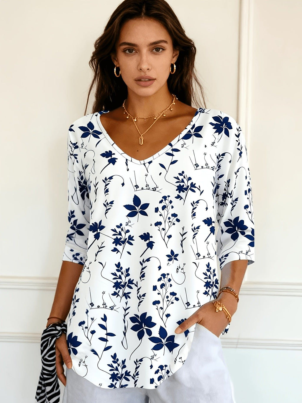 Women's Casual Fashion Holiday Regular Fit Floral All-Over Print Three-Quarter Sleeve V-Neck T-Shirt Top   OAXG White / S