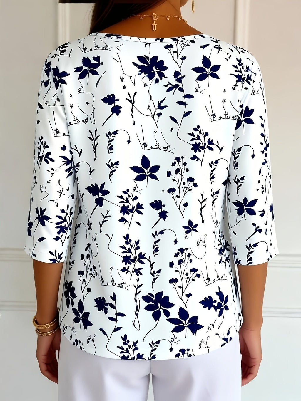 Women's Casual Fashion Holiday Regular Fit Floral All-Over Print Three-Quarter Sleeve V-Neck T-Shirt Top   OAXG White / S