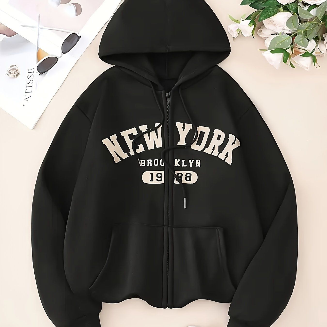 Women's Casual Fleece-Lined Hooded Zip-Up Sweatshirt - New York 1986 Graphic Print, Black with White Lettering, Machine Washable Winter Warmth for Fall & Winter   OAXG Black / S